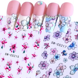 2 Sheets Spring Flower Nail Stickers Blossom Nail Art Stickers Self Adhesive Flower Design Stickers para uñas Pack Floral Nail Decals for Beautiful Nail Art Perfect for DIY Manicure Nail