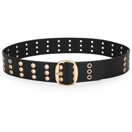JASGOOD Three Grommet Belt for Women Wide Waist Belt PU Leather Punk Studded Belt for Jeans Pants