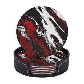 Red Abstract Art Leather Drinks Coasters with Holder, Suitable for Kinds of Cups, Set of 6