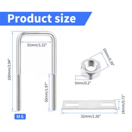 Skweawert Square U-Bolts Tightening 2 Pcs M6x31x100mm Inner Width 304 Stainless Steel Square U-Bolts with Nuts Frame Plate for Automobiles Trailer, Ski Boat, Sailboat Trailer