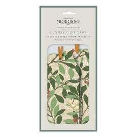 Penny Kennedy Morris & Co Pack of 5 Luxurious Gift Tags with Silk Ribbon Ties for Christmas - Arbutus Festive Foliage Design - Gift Tags for Presents - Gift Wrap for Christmas - Christmas Wrap