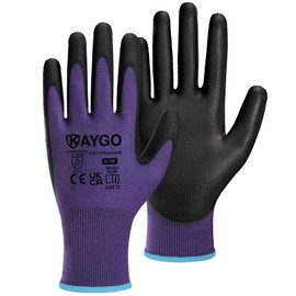 KAYGO Work Gloves PU Coated-12 Pairs, KG11PP, Safety Working Gloves with Secure Grip on Palm & Fingers, for Men and Women, Ideal for General Purpose Light Duty Work, Gardening (Medium, Purple)