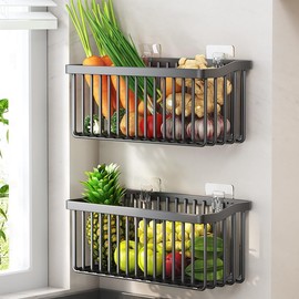 LecuSyn 2 Pcs Fruit Basket Wire Baskets, Fruit and Veggie Storage Basket Holder for Kitchen Wall Mounted,Kitchen Organizers and Storage for Snack Onion Potato(Black)