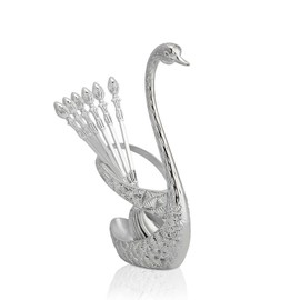 Stainless Steel Teaspoon, Teaspoon with Decorative Swan Holder, Silver, 5.1 Inches, 6 Pieces, Stainless Steel Teaspoon, Coffee Spoon, Silver Vintage with Stand, Swan Base Cutlery Set for Dessert,