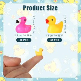 Tiny Rubber Flamingo Ducks, 50pcs Mini Flamingos + 50pcs Mini Resin Toys for Crafts Pink Yellow Plastic Duck Miniature Figures Decorations for Home Landscape Party Dollhouse Ornament
