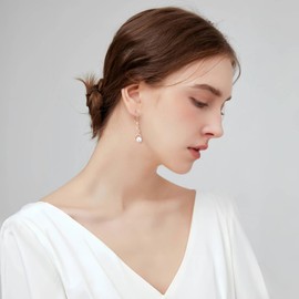 Lwsary Infinity Pearl Drop Earrings Rose Gold Plated 925 Sterling Silver CZ Dangle Leverback Earrings with 7MM Pearl Jewelry for Women