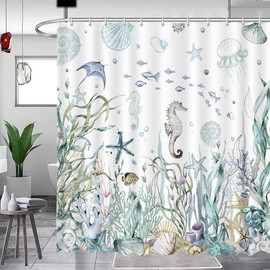 MEHOFOND Nautical Shower Curtain Coral Seashell Beach Shower Curtains for Bathroom Decor Under The Sea Themed Bathroom Shower Washable Durable Fabric Shower Curtains 72x72 in