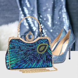 Vintage Beaded Bag Sequin Peacock Evening Clutch Purse for Women Formal Evening Bag Green Blue Wedding Prom Party Handbag