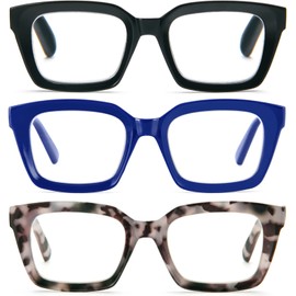 REAVEE 3 Pack Oprah Style Oversized Reading Glasses for Women Men Blue Light Blocking, Ladies Stylish RetroSquare Large Computer Readers (Black Blue Grey Leopard 3.5x)