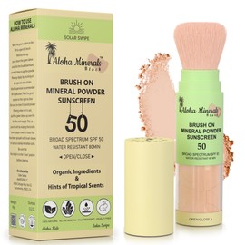 Solar Swipe, Aloha Minerals Block Brush-On Mineral Powder Sunscreen For Face, SPF 50, Water Resistant, Broad Spectrum, Natural Mineral Blend, Oil Abrosbent, Tropical Scent, Carrot Seed Extract, 0.21oz