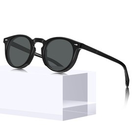 CARFIA Women's Retro Sunglasses Polarised Round High Quality with 100% UV Protection, Frame: black, lenses: grey