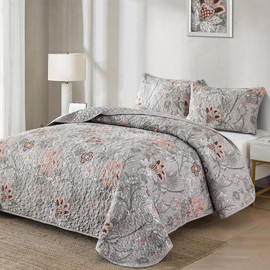 WONGS BEDDING Floral Quilt Set King Size, Grey Botanical King Bedspread Bedding Sets Soft Lightweight Microfiber Flower Gray Coverlet Set 3 Pieces for All Season (104"x90")