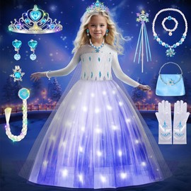 COYBTO Princess Costumes for Girls, LED Light Up Elsa Anna Dress Up with Luminous Crown Necklace Sets, Elsa Anna Princess Dress, Elsa Costume Kids Fancy Dress for Carnival Party