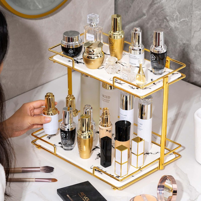 QTTCMY 2 Tier Bathroom Cabinet Countertop Organizer Perfume Lipstick Makeup