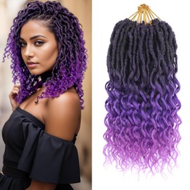 Short Purple Deep Faux Locs Crochet Hair for Black Women-8 Packs 12 Inch Pre Looped Goddess Locs With Deep Wave Curly Ends Prelooped Synthetic Crochet Braids,Lightweight& Natural (12",T1B/Purple#)