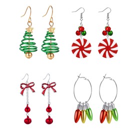 Christmas Earrings Set for Women Xmas Tree Jingle Bell Light Bulbs Bow Dangle Earrings Cute Holiday Earrings Set Christmas Party Jewellery (4 Pair Earrings Set)