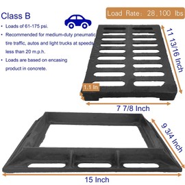 DuuMuut Cast Iron Drain Grate and Frame 12x8 in, B-Class 28100 lbs Heavy-Duty Driveway Channel Cover, Outdoor Trench Drainage Grate with Base, Rectangle Metal Sewer Cover for Garage (IL11.8 x IW7.9)