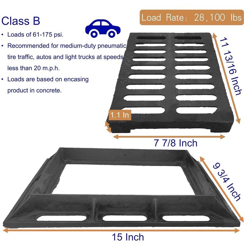 DuuMuut Cast Iron Drain Grate and Frame 12x8 in, B-Class