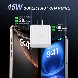 Phone 16 Pro Max Charger Fast Charging, 45W USB C Phone 16 Super Fast Charger Block with 6.6FT Long Type C Charging Cable Cord for Phone 16/16 Pro/16 Pro Max/16 Plus, 15/15 ProMax/Pro/Plus-2pack white