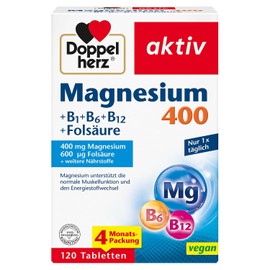 Doppelherz Magnesium 400 + B1 + B6 + B12 + Folic Acid, Magnesium Supports Normal Muscle Function and Energy Metabolism, 120 Vegan Tablets