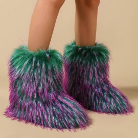 2026 NEW KJ 2025 Factory Wholesale Winter Fluffy Faux Fur Raccoon Women's Flat Heel Middle Sleeve Fury Boots Fur BootsColor: Green and red pointed raccoon, Size: 38