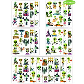 YanZonic 184Pcs Alien Temporary Tattoos - Green Alien Decor Stickers Party Favors Tattoos for Alien Party Decorations, UFO Space Theme Birthday Party Decorations