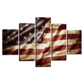 Vintage USA Canvas Print Wall Pictures for Living Room Black White Red Navy Blue American Flag Modern Painting 5pcs Framed Posters and Prints Bedroom Giclee Print Gallery Wrap Stretched(60''W x 40''H)
