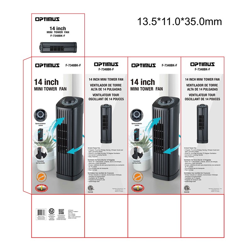 Optimus F-7348BK-F F-7348 3-Speed 50-Watt 14-in. Portable Ultra-Slim Desktop Oscillating