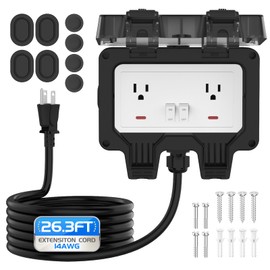 Outdoor Outlet Box with 26.3Ft Extension Cord, NEMA 5-15R, STW 14 AWG,IP66 Waterproof Power Outlet Extender with On/Off Switch & LED Indicator for Garden Yards& Outdoor Activity