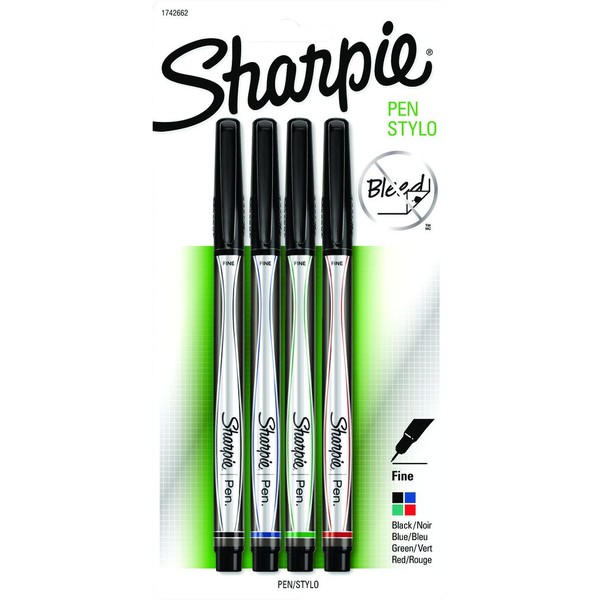 Sharpie FINE-TIP PEN WITH PERMANENT INK, 4PK Assorted Colours