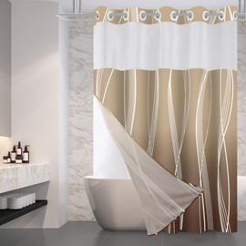 TWLSNCD No Hook Ombre Brown Striped Shower Curtain with Snap in Fabric Liner Set - Hotel Modern Style Double Layer for Bathroom, 71x74 Inches