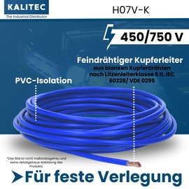 Kalitec 5 Metres H07V-K 6 mm² Dark Blue Wiring Cable I Flexible Wire 6 mm2 I Fine-Strand Wiring I Single Wire Cable for Control Cabinet I Switch Wire