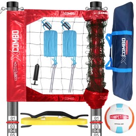 JOLORLY Professional Volleyball Net Set Heavy Duty for Outdoor Backyard Portable with Aluminum Adjustable Height Scoring Poles, Regulation Nets System for Tournament, Grass (Red)