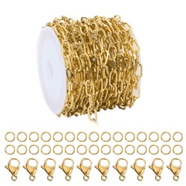 16.4 Feet Gold Plated Stainless Steel Chain Bulk Flat Paperclip Link Chains 5x10mm Jewelry Chain Roll with Jump Rings Lobster Clasps Oval Cable Chains for DIY Jewelry Making