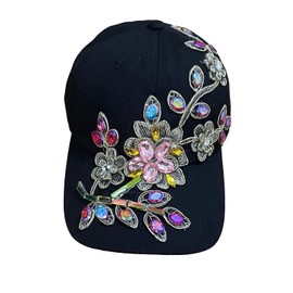 Women Rhinestone Baseball Cap Bejeweled Bling Cap Distressed Denim Sun Hat Adjustable (B-Black)