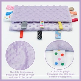 OWLOWLA Tag Security Blanket for Babies Plush Sensory Soothing Tag Blankets Soft Minky Bed Tag Blanket Baby Boy Girl(White&Lilac)