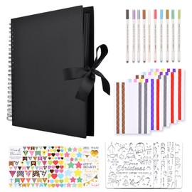 GOTIDEAL 12 x 12 Inch Scrapbook Album with 10 Metallic Markers,80 Pages Craft Paper Photo Album for Wedding and Anniversary, Family DIY Photo Album with Scrapbooking Stickers Corners(Black)