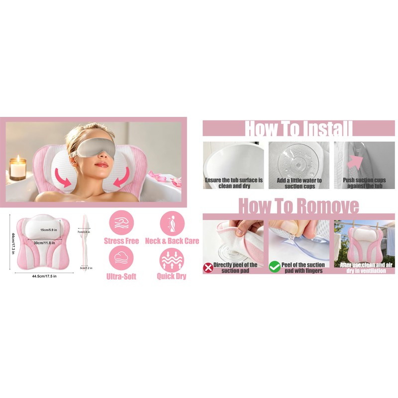 Kadiby Pink White Bath Bathtub Pillows for Tub Head and