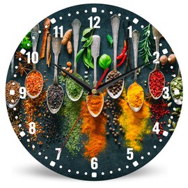SPUNKER Clocks for Living Room,Colourful Herbs Spices 10 Inch Wall Clock,Spoons Small Battery Operated Wall Clocks Decorative for Kitchen/Living Room/Bedroom/Bathroom/Dining Room