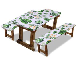 SUQ I OME Picnic Table Cover with Bench Covers Camping Essentials Waterproof Windproof Elastic Fitted Tablecloth with Handbag, Fitted Rectangle Tables and Seats, (Green White)