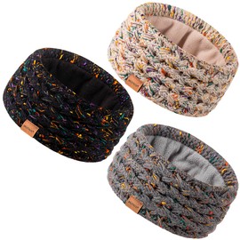 MUTKIS Winter Headbands for Women 3 Pack, Ear Warmers for Women Knit Thick Fleece Lined, Ear Muffs for Cold Weather Stocking Stuffs(Confetti Black&Confetti Oatmeal&Confetti Gray)