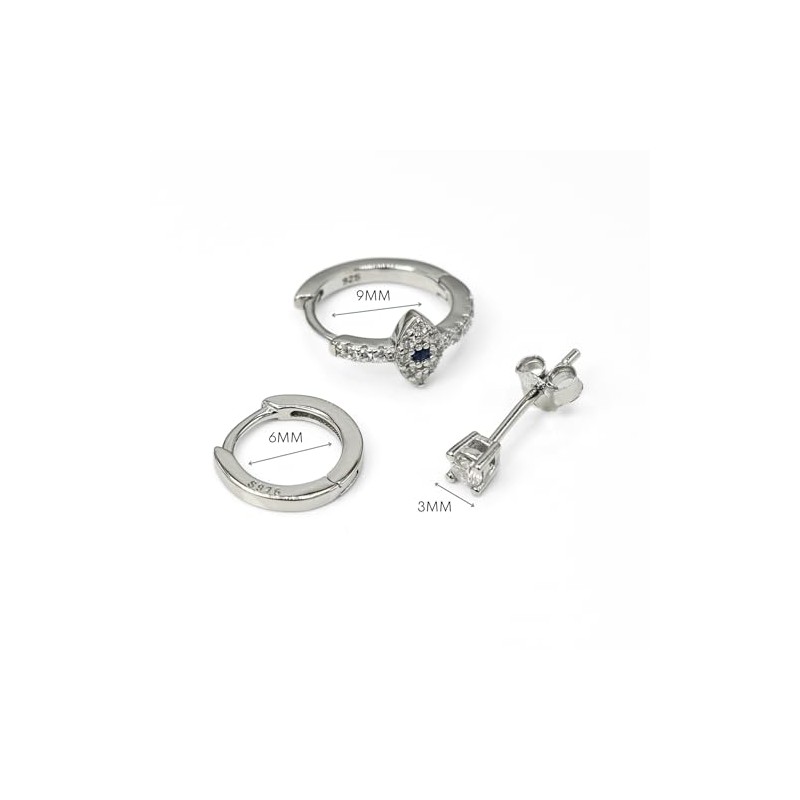3 Pairs Evil Eye Zirconia Hoop Huggie & Stud Set