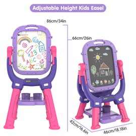 PUPPSITTY Easel for Kids, Adjustable Standing Rotatable Double Sided Toddlers Art Easel with Painting Accessories, Drawing Board Gift for Boys and Girls, Purple