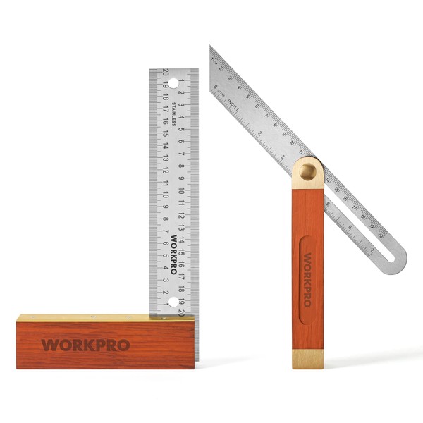 WORKPRO Carpentry Squares Set 2-Piece, Try Square 8-Inch/200mm, Adjustable Sliding Bevel 9-Inch/230mm, Hardwood Handle Stainless Steel Blade for Craftsman Woodworking
