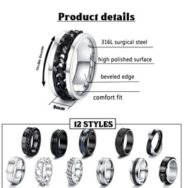JeryWe 12PCS Stainless Steel Band Rings for Men Women Fidget Spinning Chain Ring Fidget Ring Anxiety Relief Ring for Men Fashion Wedding Engagement Black Ring Set Size 7-13