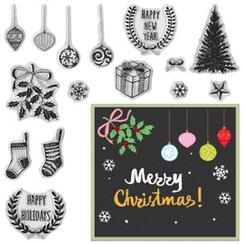 Threetols Happy New Year Clear Silicone Stamps Christmas Tree Ball Snowflake Clear Rubber Scrapbooking Stamps with Sentiment Words for Xmas Card Making DIY Photo Album