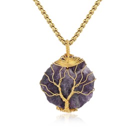 COAI Women's Long Necklace with Tree of Life, Stone, Amethyst
