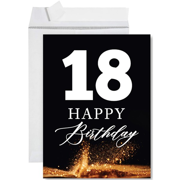Andaz Press Jumbo Happy Birthday Card with Envelope, Black with Glitter Confetti Happy 18th Birthday Card with Big Blank Greeting Space for Son, Daugther Her Him, Eighteen Birthday, 8.5" x 11", 1-Pack
