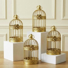 Vela Lanterns - Juego de portavelas con jaulas decorativas para pájaros, centro de mesa para boda, decoración para el hogar, dorado, pequeño, juego de 4