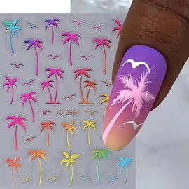 Summer Nails Stickers Seagulls Nails Sticker 3D Embossed Coconut Tree Self Adhesive Sticker Yellow White Black Tree Designs Nail Decals Nail Art Decals Summer Decals for Nail DIY Manicure 4Sheets